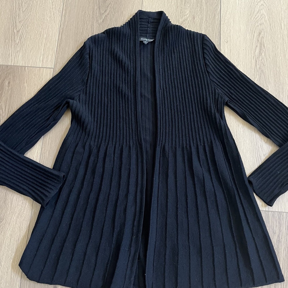 Eileen Fisher Womens Black Wool Ribbed Open Cardigan Light Sweater XS Classic